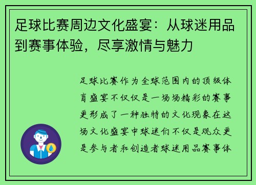 足球比赛周边文化盛宴：从球迷用品到赛事体验，尽享激情与魅力
